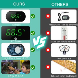 ORIA Aquarium Thermometer Digital, LED Display Fish Tank Thermometer, ℉/℃ Switchable, Wireless Tank Temperature Sensor with Touch Button, Stick-on Aquarium Temperature Gauge for Fish, Turtle(Black)