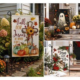 3 Pack Happy Halloween Thanksgiving Christmas Garden Flag12 x 18 inch Double Sided Outside decorations, Holiday Fall Pumpkin Ghost and Jesus Religious Cross Small Garden Flags For Outdoor Yard Lawn