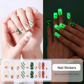 WOKOTO 20 Tips Semi-Cured Gel Nail Strips For Christmas Day Celebration With 2 Prep Pads Nail File And Wood Stick Christmas Father Snowflakes Nail Polish Stickers For Women Girls Gel Nail Strips