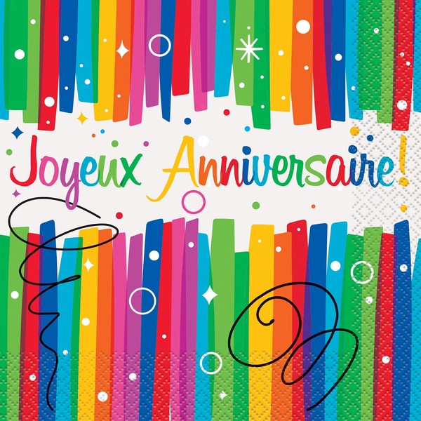 Papierservietten - 16,5 cm - "Joyeux Anniversaire"-Regenbogenschleifen - Packung mit