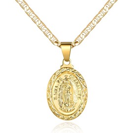 Barzel 18K Gold Plated Flat Mariner/Marina 060 3MM Chain Necklace With Virgin Mary Guadalupe Charm Pendant