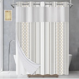 AXURXUI No Hook Shower Curtain with Snap in Liner and Sheer Window, Boho Multi-Color Striped Fabric Shower Curtain Set for Bathroom Decor, Washable and Quick Install, Beige, 71 X 74 Inches
