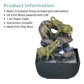 Elephant Oasis Indoor Water Fountain with LED Light | Size 13.3 * 13.3 * 18 Cm | 3 Pin UK Plug Included