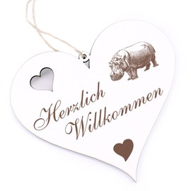 Herzlich Willkommen Sign, Hippo Hippo, Decorative Heart Wooden Welcome Sign, Door Sign, Door Decoration