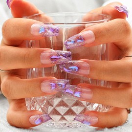 Sethexy Purple Rhinestone Handmade Press On Nail 3D Butterfly Crystal Long Coffin False Nails Aurora Glitter Shiny False Nails Salon Quality for Women and Girls (Z)