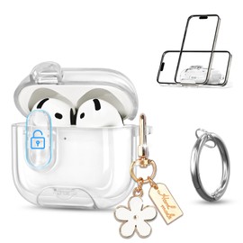 Newseego für Airpods 4 Hülle, Transparent Case mit Schloss und Handy Stand TPU Durchsichtig Schutzhülle mit Karabiner und Süßem Blume Anhänger Stoßfest Kompatibel mit AirPods 4. Generation Transparent