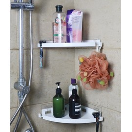 JiePai Acrylic Corner Shower Caddy Shelf with Hooks 2 Pack, Adhesive Wall Mounted Bathroom Shower Shelf Organizer for Inside Shower & Kitchen Storage