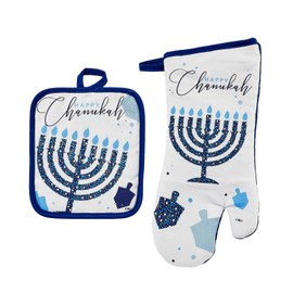 Rite Lite Hanukkah Hostess Gift Oven Mitt & Pot Holder 2 Piece Set - Stylish & Elegant Jewish Holiday Party Decorations Chanukah Hostess Party Favors Kitchen Table Cooking Decor Kitchen Accessories