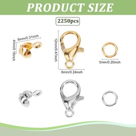 CRAFTYMELODY 2250 Stück 15 Stile Schmuckherstellungs Sets 1000 Stück Perlenspitzen Knotenabdeckungen 1000 Stück Offene Biegeringe 250 Stück Karabinerverschluss Verbindungsstücke