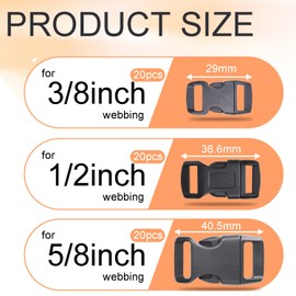 CooBigo 60 Pack Paracord Bracelets Buckles, 5/8, 1/2 and 3/8 Inch Contoured Paracord Buckles, Plastic Side Release Clasp for Parachute 550 Cord Bracelets Clasps Clip Dog Collar Accessories (20 Each)