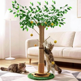 45 Inch Tall Cat Scratching Post, Natural Sisal Cat Scratcher Pole, Heavy Duty Scratch Post for Indoor Adult Cats，Self Groomer and Track Balls, Multi-Functional Indoor Cat Tree Scratcher.