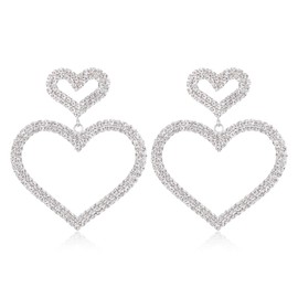 Flyonce Big Heart Earrings for Women, Rhinestone Crystal Large Statement Silver Dangle Jewelry Gifts Bridal for Wedding Prom Valentines Day