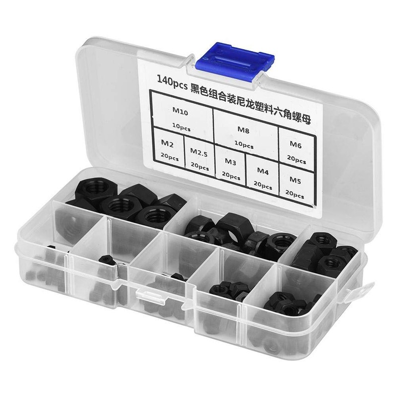 Akozon Nylon Nut 140 Pieces M2/M2.5/M3/M4/M5/M6/M8/M10 Thread Nylon Plastic Hex