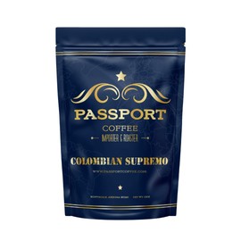Passport Coffee Colombian Supremo – Medium roast Arabica from the Huila Region. Flavor notes of sweet nutty caramel & citrus. Premium whole bean coffee, 12oz Bag