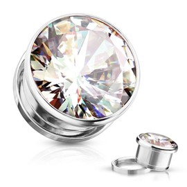 Pierced Owl Stainless Steel Bezel Set Clear Gem Screw Fit Plug Gauges, Sold As Pair (Silver Tone, 6mm (2GA))