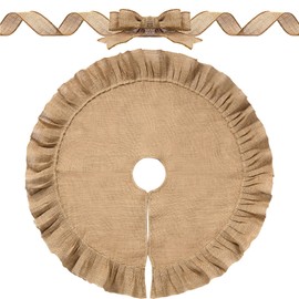 Chalyna 31 Inches Christmas Tree Skirt Decorations with 3 Inch x 10 Yard Christmas Ribbon Linen Burlap Round Vintage Tree Skirt Ornaments for Xmas Outdoor Holiday Family Winter Home Farmhouse Decor