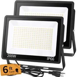 200W LED Flood Light Outdoor with 6ft Plug, 24000LM Brighter Exterior Security Lights, 5000K Daylight LED Work Light, IP66 Waterproof for Yard, Garage, Stadium, Lawn, 2 Pack
