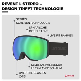 ATOMIC REVENT L STEREO Ski Goggles - Black - Ski Goggles with Anti-Glare - High-Quality Mirrored Snowboard Goggles - Goggles with Live Fit Frame - Ski Goggles with Double Lens