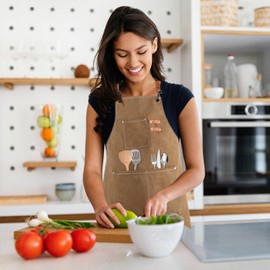 lompyeu Barbecue Apron for Men, Cooking Apron, Waterproof Apron with 3 Pockets, Canvas Apron, Denim Cooking Apron, Cross Back Design, Kitchen Apron for Men, Women, Kitchen, Restaurant, Cafe, brown