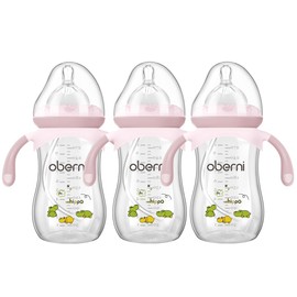 Oberni Anti-Colic Baby Bottle with Size 4 Breast-Like Teat, Non-Slip Handles, Weighted Straw for 12 Months Newborn Babies, 270ml/9oz/Pink/3Pack