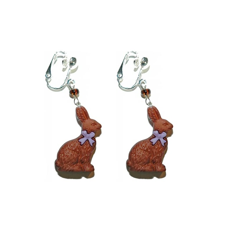 Chocolate Easter Bunny Clip On Dangle Earrings (H139clip)