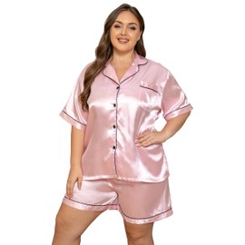 Vozanet Women's Short Sleeve Satin Pajama Sets Silky Ladies Button Down Loungewear Plus Size Nighty Shorts Sets XL to 5XL Soft Sleepwear V Neck Two Piece Pjs, Light Pink, 3X-Large