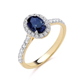 Old English Jewellers 9ct Yellow Gold on Silver Blue Sapphire CZ Oval Cluster Ring size K L M N O P Q R S - September BIRTHSTONE (O)