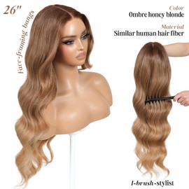 ENCOUNTERU Wear and Go Glueless Wig with Bangs Synthetic Lace Front Honey Blonde Wig Body Wave Ombre Wigs for Women Pre Cut Pre Plucked Glueless Ready to Wear Wigs Middle Part 26 Inch