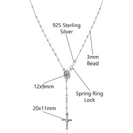 Savlano 925 Sterling Silver Italian Solid Bead Chain Cross & Rosary Virgin Mary Pendant Y Necklace Comes With Gift Box for Women - Made in Italy (24, 3mm)