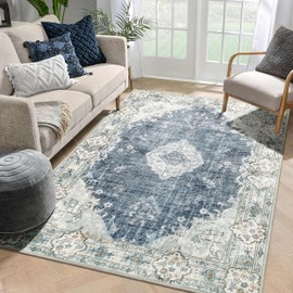 MUJOO 5'x7' Area Rugs Blue Grey Machine Washable Rugs Living Room Rugs Boho Rug for Bedroom Laundry Room Kitchen Non Slip Large Carpet Abstract Soft Low-Pile Floral
