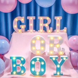 Aurelema Boy or Girl Gender Reveal Party Decorations Light up Letters Glitter Sign Battery Powered Pink Blue Marquee Lighted Sign Alphabet LED Letter Lights for Baby Shower Tabletop Decor Supplies