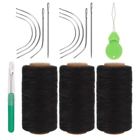 Lusecarl Needle and Thread for Hair Extensions 3 Rolls Hair Weave Sewing Threads with 10 Pcs C J I Shape Curved Upholstery Needles for Hand Sewing, Hair Extensions, Making Wigs DIY (10+3, Black)