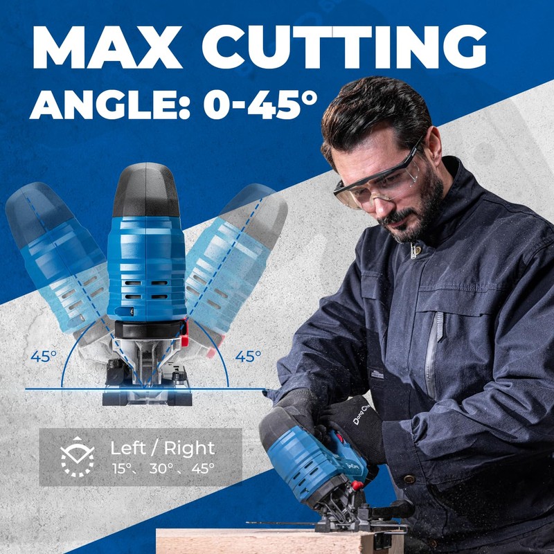 Dong Cheng 20V Brushless Jigsaw, 26mm Stroke, 800-3500 SPM, 0-45°