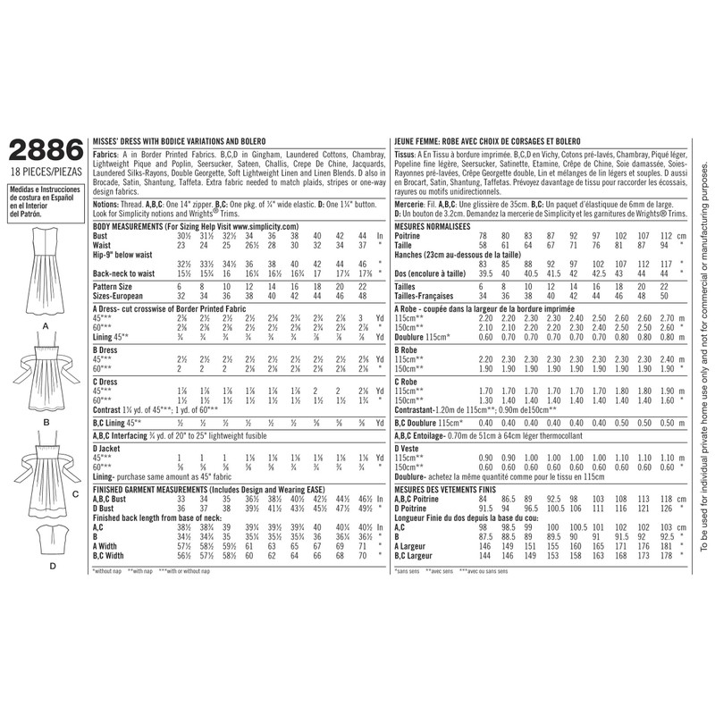 Simplicity Pattern 2886 Dress with Bodice Variations and Bolero Size