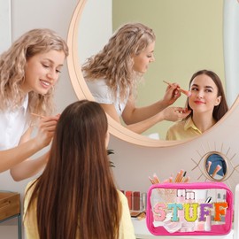 URSKYTOUS 2Pcs Preppy Clear Makeup Bag Large Small Travel Chenille Letter Cosmetic Bag Set Nylon PVC Cute Mini Makeup Pouch with Zipper for Women Waterproof Toiletry Storage Bag Organizer(Hot pink)