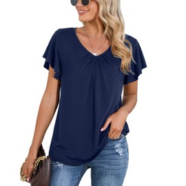TASAMO Women's Shirred V-Neck T-Shirts Short-Sleeve Casual Summer Tops (XX-Large, Navy Blue)