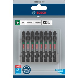Bosch Professional 8-Piece Double Screwdriver Bit Set Pozidriv (impact Control, 8 x PZ2-PZ2 Bits, Length: 65 mm, Pick and Click, Accessories Impact Wrench Drill)