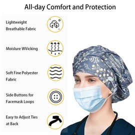 6 x Adjustable Surgical Caps, Women's Surgical Cap, Fabric with Satin Lining, Satin Hair Cap with Button, Work Cap with Sweatband Hoods, Dust Cap, Chef's Hat, Unisex Cotton Print Surgical