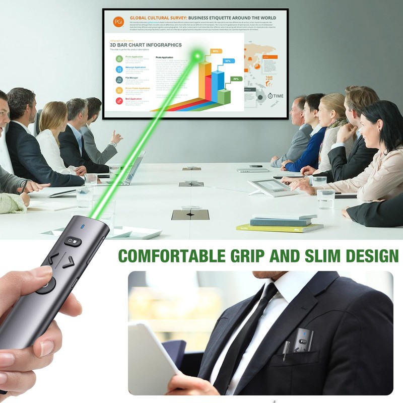 Wireless Presentation Clicker with Green Laser Pointer, Volume Control USB
