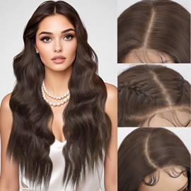 SISICLOUD 13x4 Synthetic Lace Front Wig Long Wavy Dark Brown Wig with Realistic Hairline 26 inch Pre Plucked Body Wave Lace Wig for Daily Party Use