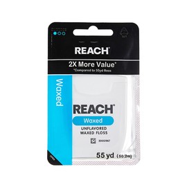 REACH Waxed Dental Floss,Unflavored, Plaque Remover for Teeth, Shred Resistant, Floss Slides Smoothly, Easy to Use, Waxed, Deep Cleaning Teeth, Oral Care, PFAS Free, for Adults & Kids, 1 Pack, 55 yd
