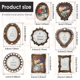 FwQoFvk 8Pcs Mini Alloy Vintage Picture Frame, Abundant Pattern Vintage Photo Display, Mini Antique Photo Frame for Cafe Tea House 5 × 6cm