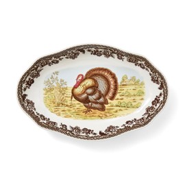 Spode Woodland 8.5" Pickle Dish, Turkey Design, Earthenware, Dishwasher Safe, Thanksgiving Dining, Serving Plate for Main Courses, Appetizers