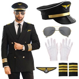 LaVenty Black Airplane Captain Costume Airline Pilot Hat Accessories for Adults Teens Captain Party Cosplay Supplies Sunglasses
