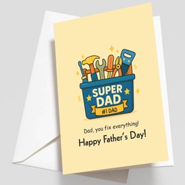 Super Dad Father’s Day Card – “Dad, You Fix Everything” Toolbox Design – Funny Card from Kids or Wife – Blank Inside to Draw – Includes Envelope & Stickers – 5x7 Card for Handy Dads