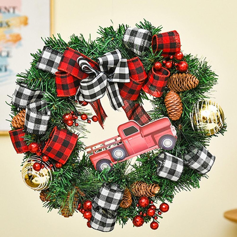Farmhouse Red Truck Christmas Wreath Front Door Wall Hanging Decoration