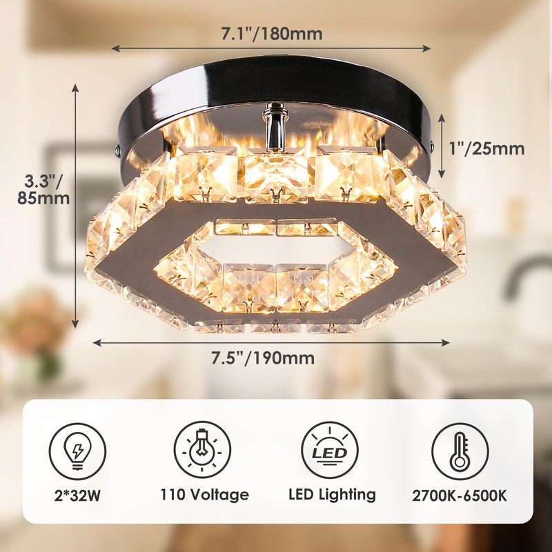 Cainjiazh Dimmable Crystal Chandelier Mini LED Flush Mount Ceiling Light