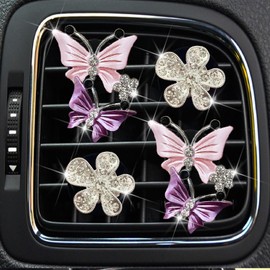 4 Pcs Bling Butterfly and Silver Daisy Car Air Fresheners Vent Clips Diffuser Vent Clip Rhinestone Diamond Decoration Car Interior Decor Cute Accessories for Women, Automotive Air Fresheners (Pink, 2)