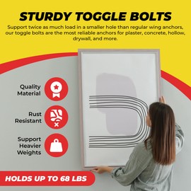 QUALIHOME Spring Toggle Bolt Anchors - Heavy Duty Wall Anchors for Hanging Items w/Hollow Walls & More - Stainless Steel Hollow Wall Anchor for Frames, Shelves, Mirrors & More, 20 Pack (1/8" x 3")