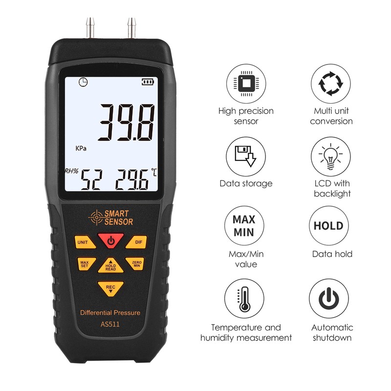 SMART SENSOR AS511 Digital Differential Pressure Gauge -39.98~39.98KPA Manometer Dual
